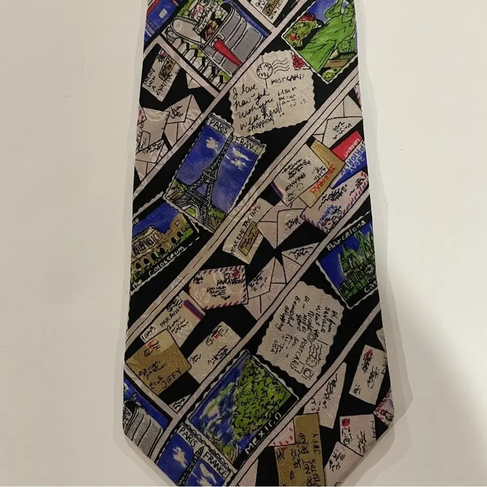Vintage Nicole Miller 100% Silk Multicolor Postage Envelop Print‎ Tie